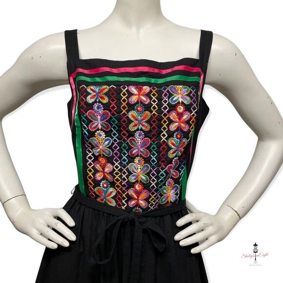 VINTAGE 70s 80s Embroidered BUTTERFLIES Folk Art Peasant Sun Dress Boho 8 10 M - Picture 5 of 16